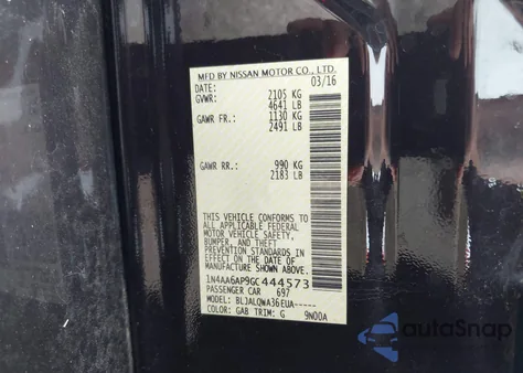 2016 Nissan Maxima 3.5 Platinum/3.5 S/3.5 Sl/3.5 Sr/3.5 Sv z USA, uszkodzony, nr VIN 1N4AA6AP9GC444573